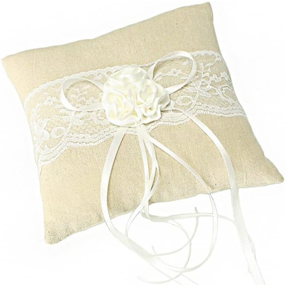 Wedding ring pillow, 8”x8”, jute and lace